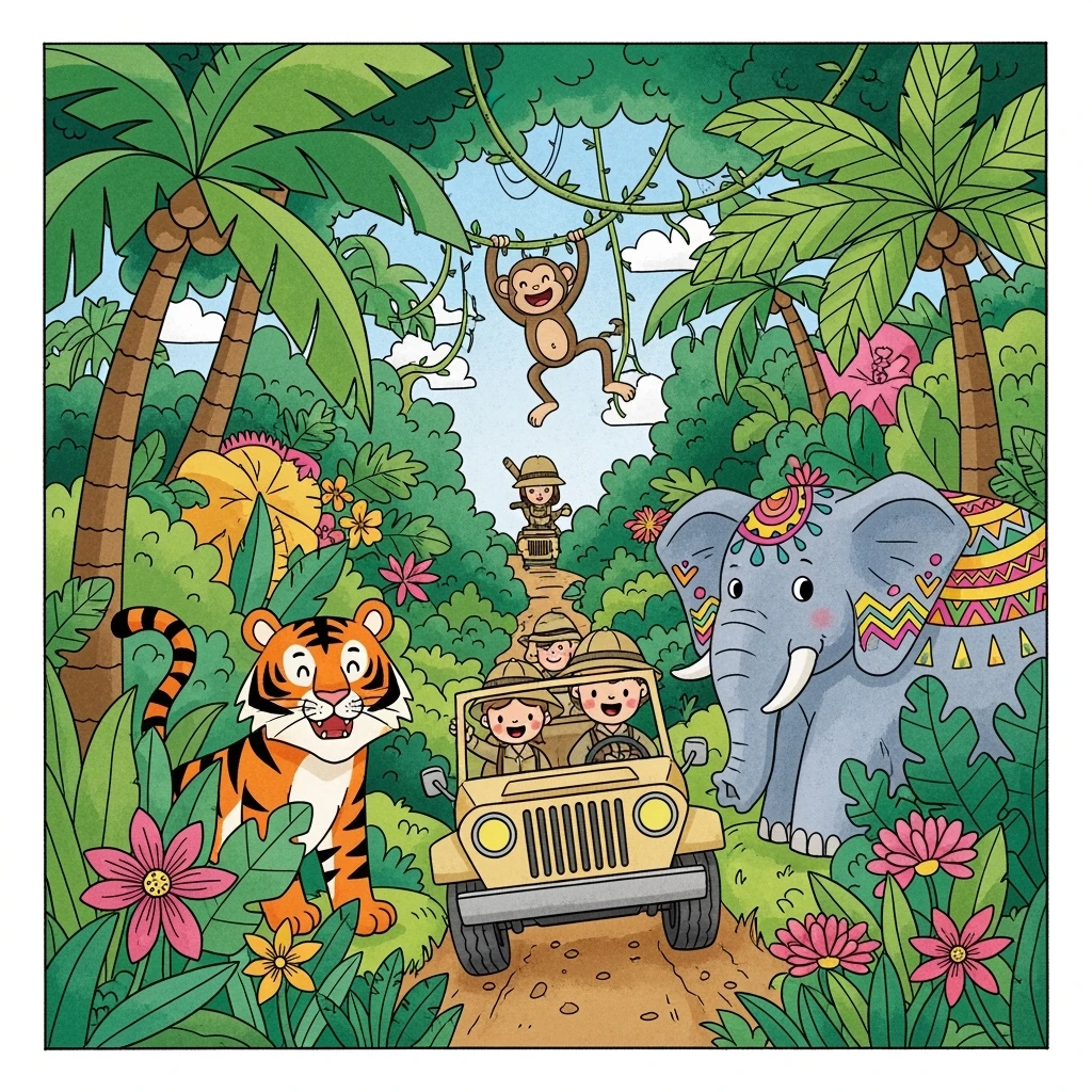 hand drawn digital illustration of jungle safari in the style of children's illustration emoji
