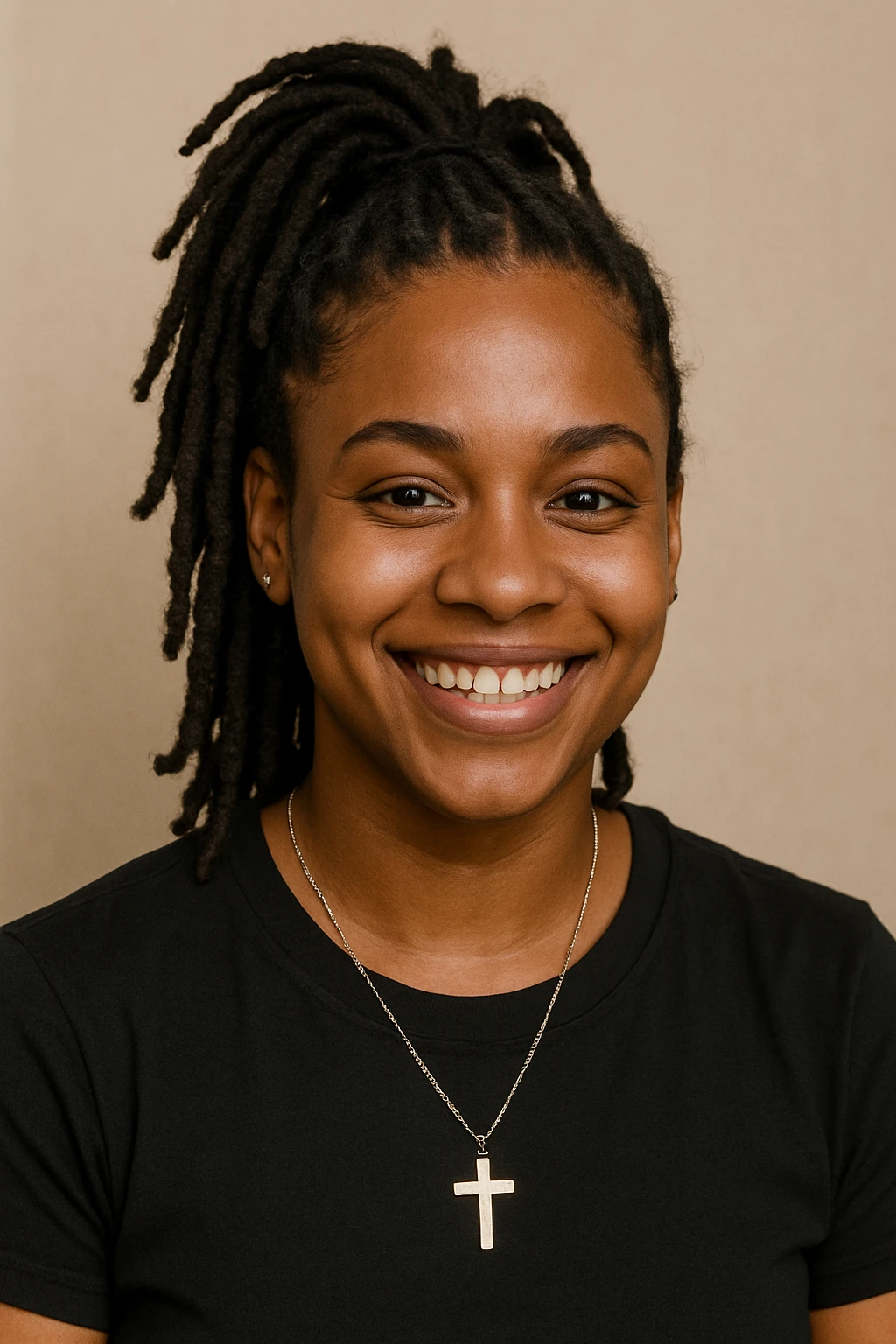portrait of a brown-skinned person with a cross necklace and dreadlocks in a high ponytail, smiling, simple background emoji