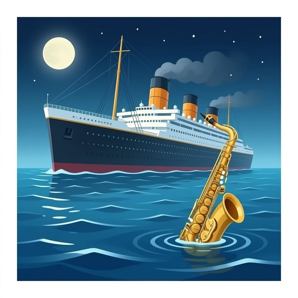 the ghostly ship The Queen Mary floats above the sea in which a saxophone floats emoji