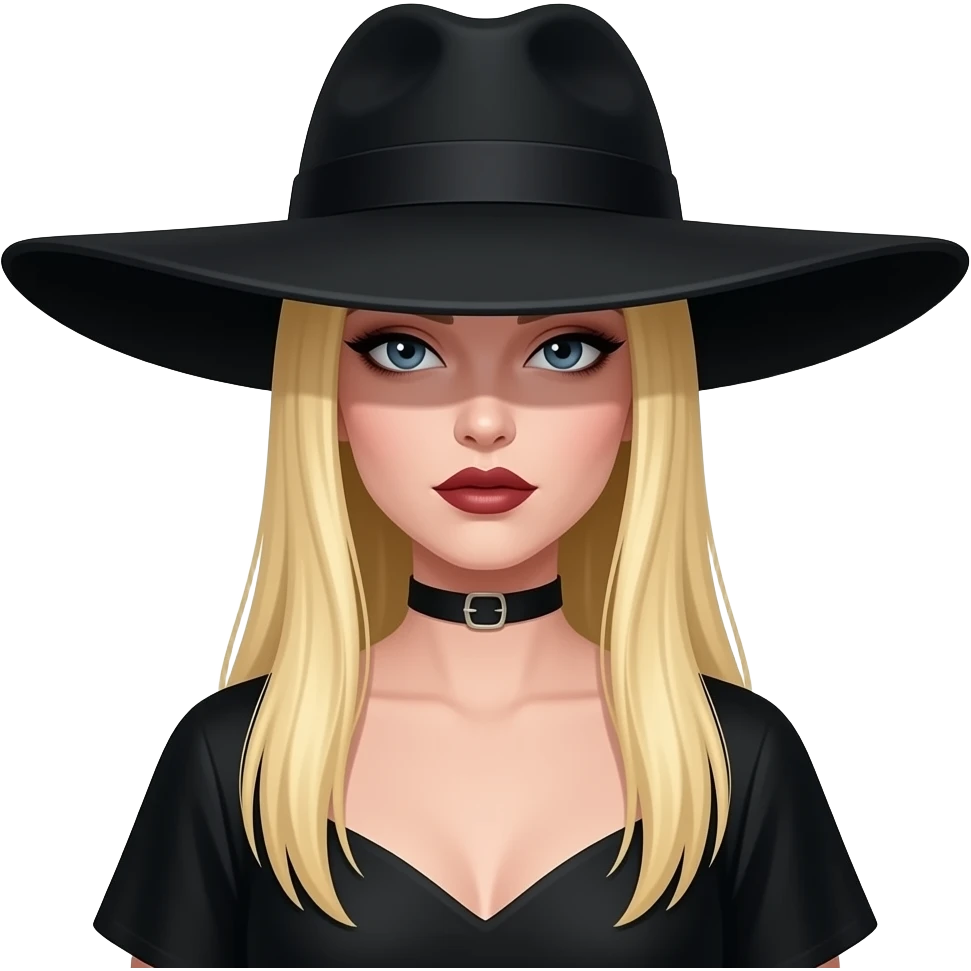 Female Goth with Wide-Brim Hat Long straight bgolden hair, white skin, black dress, black hat casting shadow over eyes. emoji