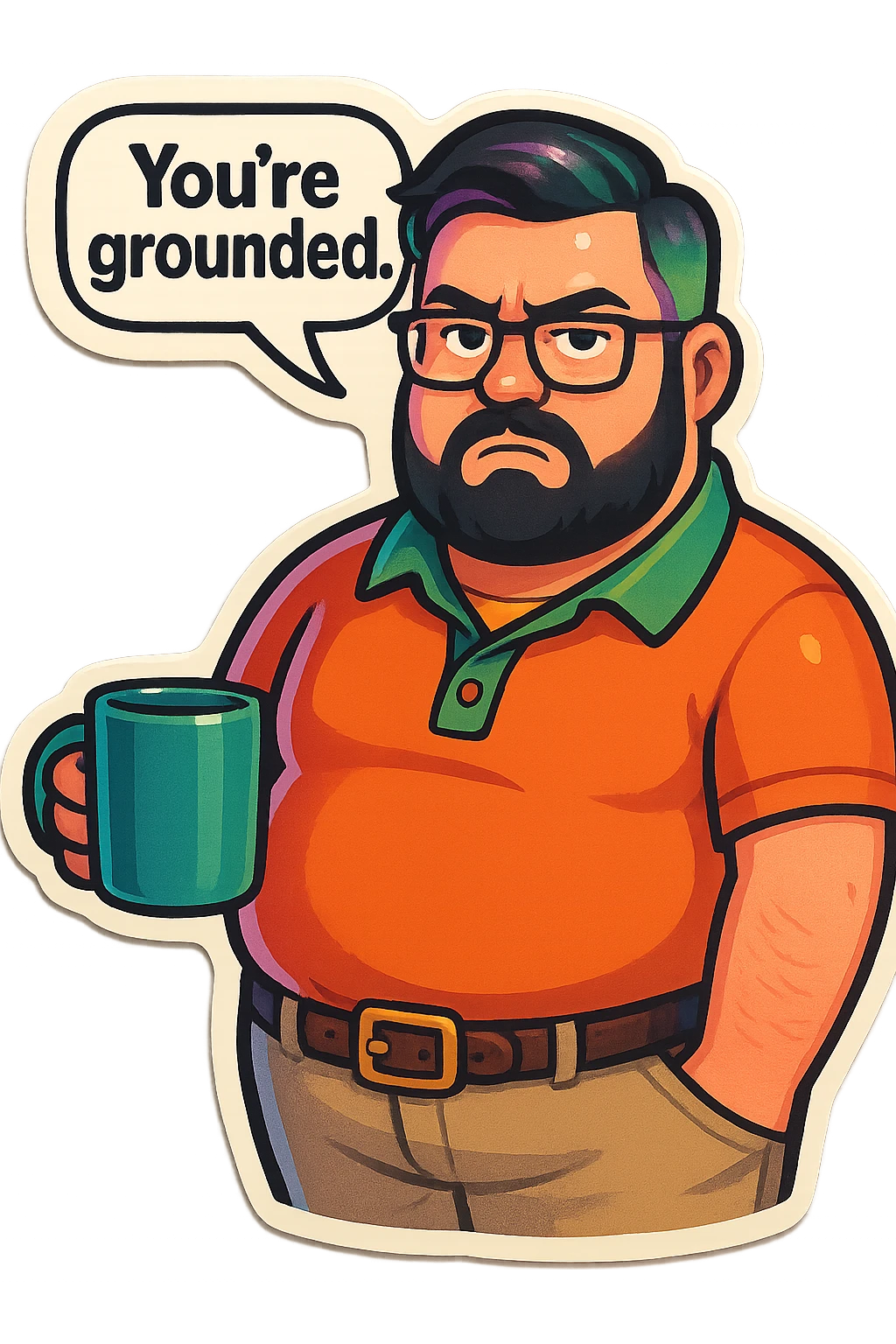 A realism art illustration art style of handsome plus-size man with black hair and a purple to green ombre streak, black beard, blue eye, glasses, dressed like a dad, holding a coffee mug, You’re grounded speech bubble, frowning  emoji