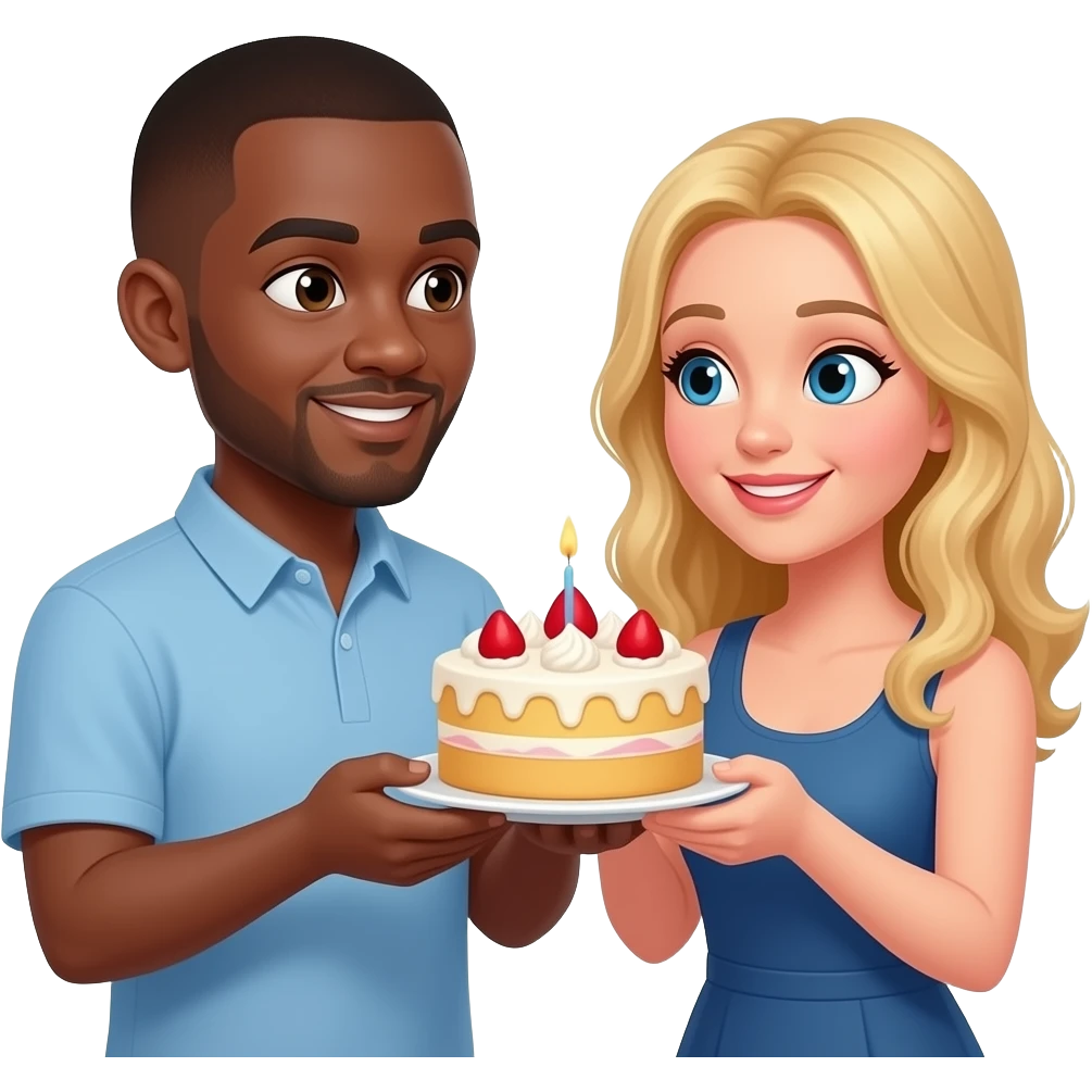 Black man with shaved head sharing cake with  blonde woman emoji