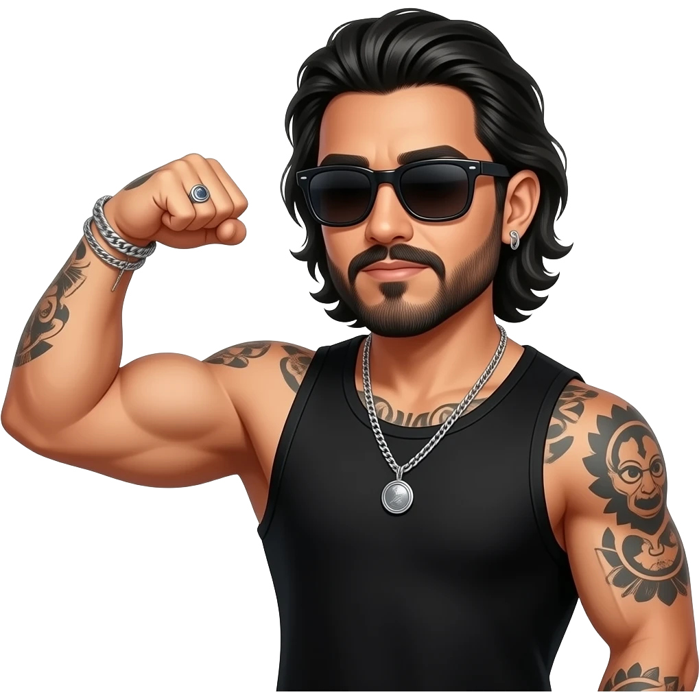 handsome, manly Latino podcast host with black colored eyes wearing black with silver jewelry, with medium length hair, a very long, lightly graying beard and tattoos, his ear pierced and right nostril as well, dark sunglasses. Flexes muscles emoji