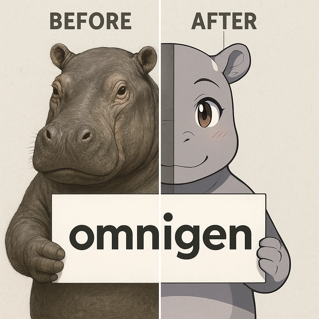 two hippo holding sign of omnigen, half picture 1 hippo is realistic another half is the anime of that same second hippo, with before after mark emoji