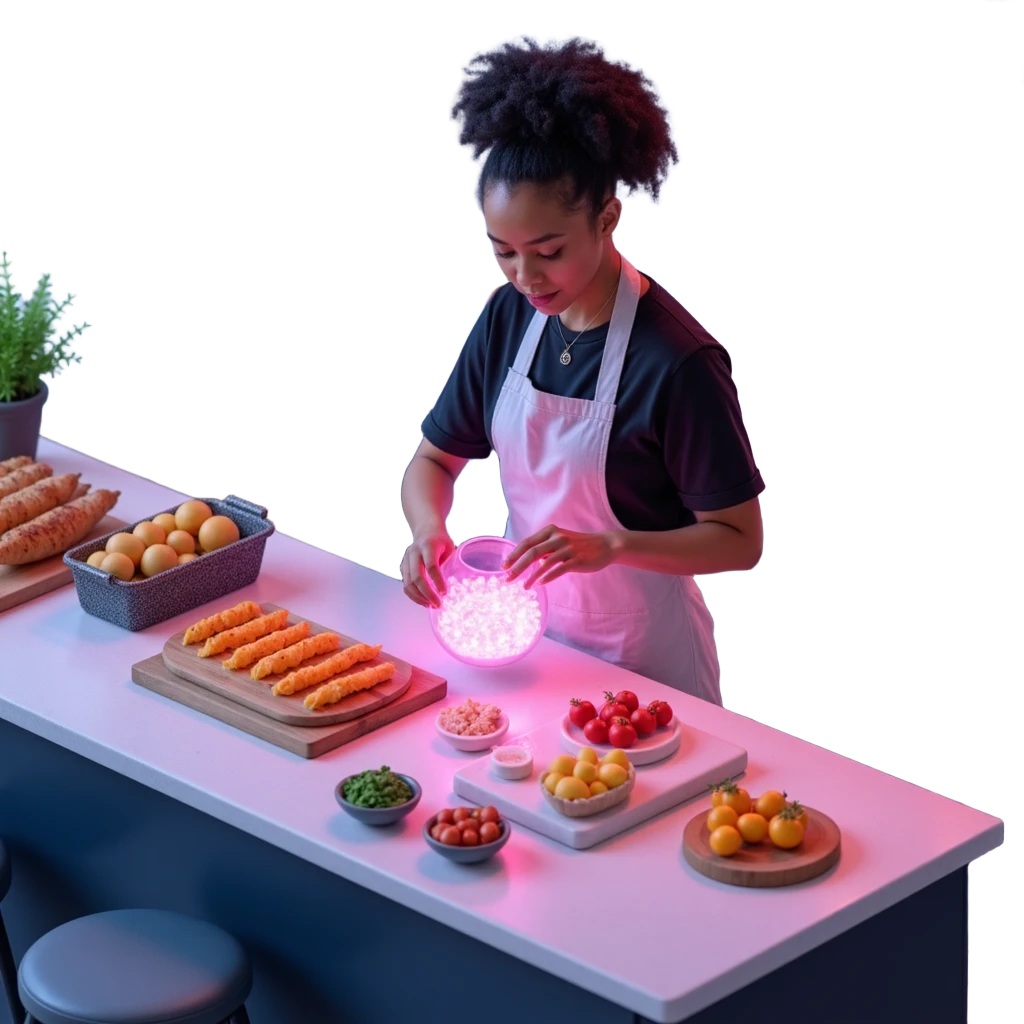 A sleek cyborg baker using holographic ingredients and laser precision. The kitchen is a fusion of chrome, glass, and neon. Interface elements float like holograms, with glowing edges, translucent layers, and tactile feedback illusions. emoji