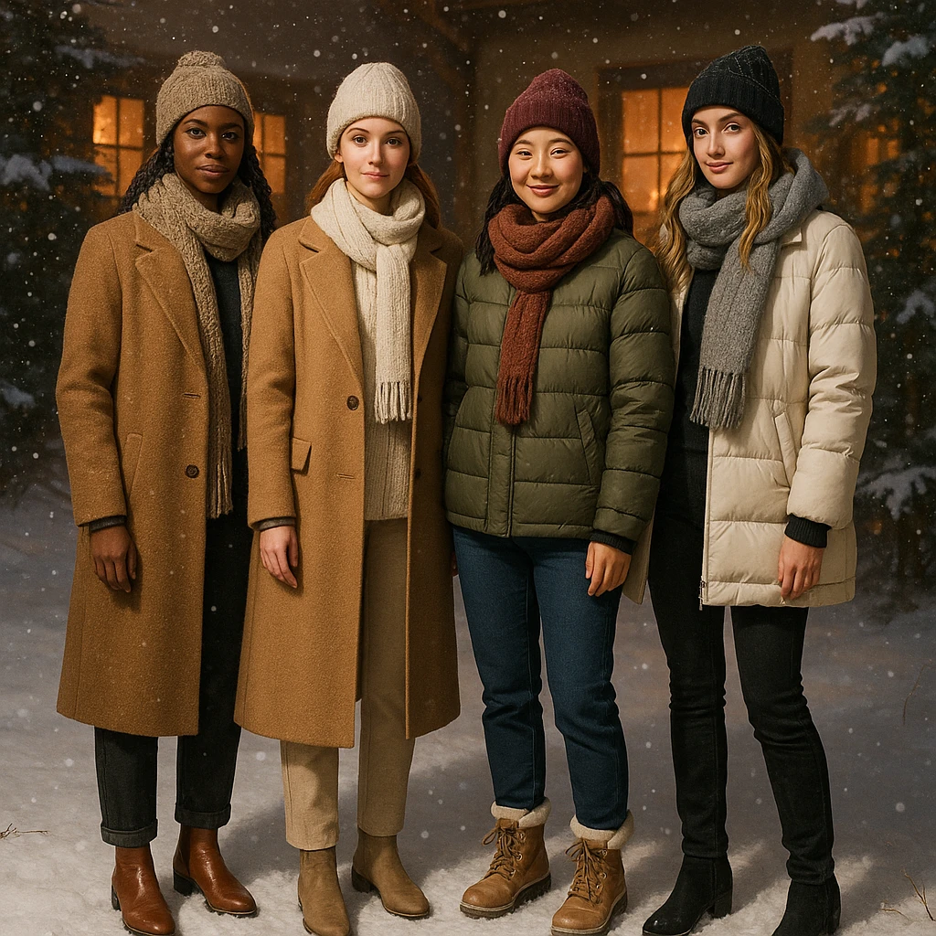 woman in winter fashion, cozy atmosphere, snow falling scene, diverse styles emoji