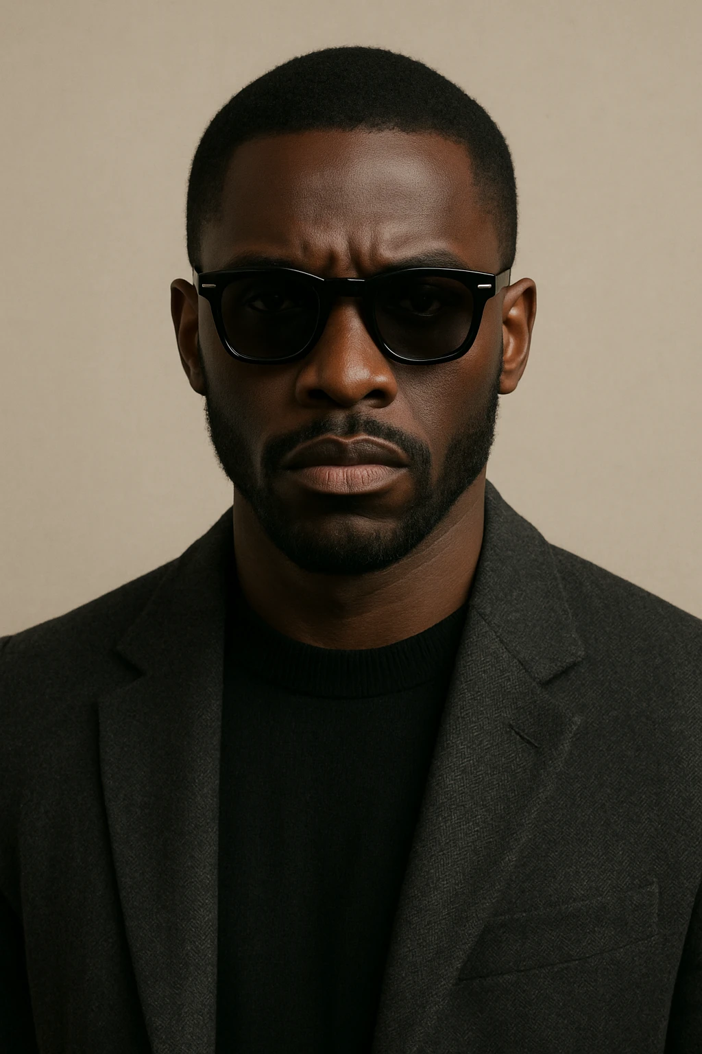 black man with sunglasses, serious expression, fashionable, neutral background emoji