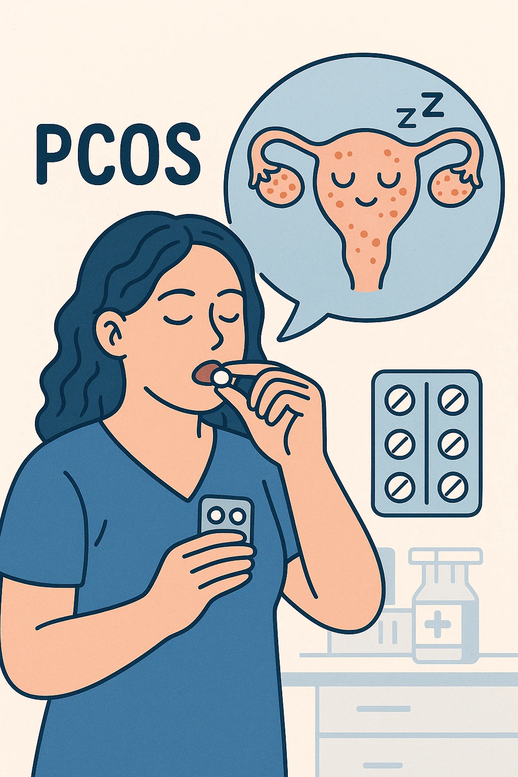 Donna con pcos che prende la pillola, e la pillola mette a riposo le ovaie emoji