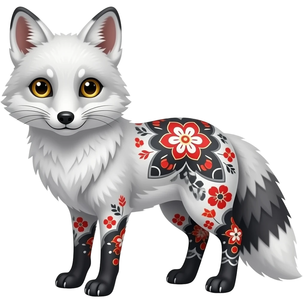 Albino Arctic Fox with red black and grey markings and golden eyes oriental shiny smooth glossy soft Japanese marked patterned emoji