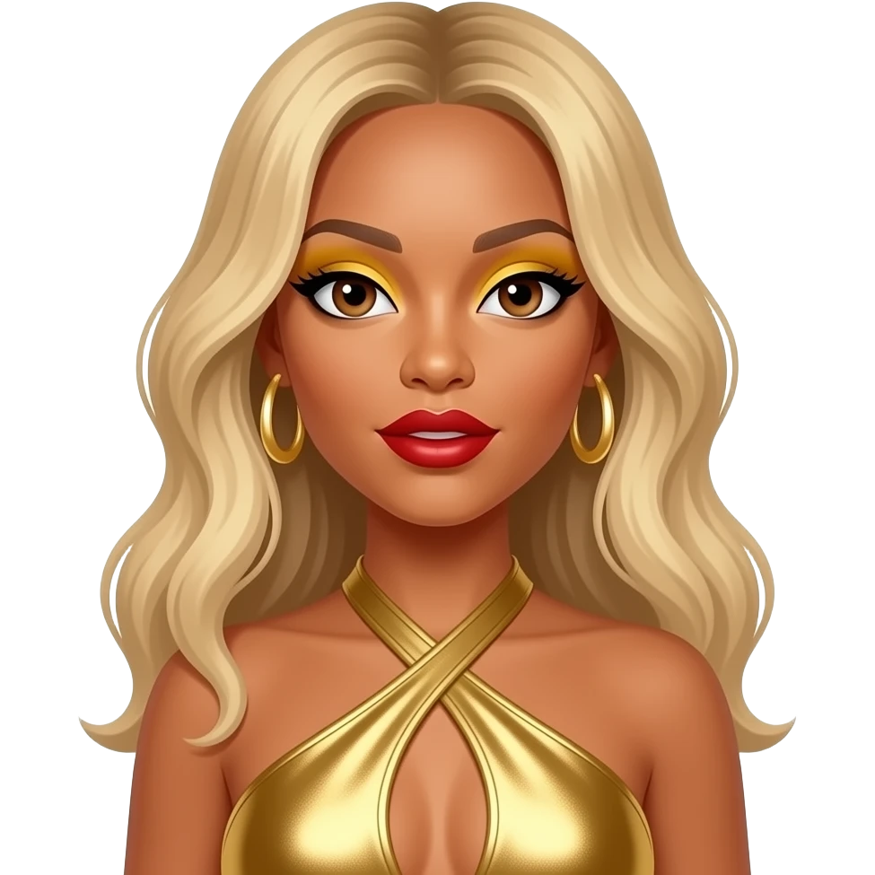 Beyonce from Destiny's Child with hazel eyes, long blonde hair, yellow eyeshadow, red lipstick, gold metallic halter dress, gold earrings emoji