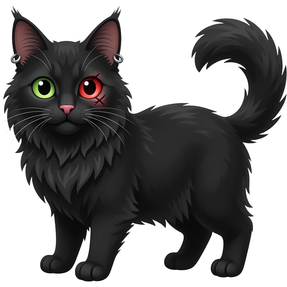 black mainecoon cat with one green eye and one red eye with scar over it and a pink nose and piercings on ears emoji