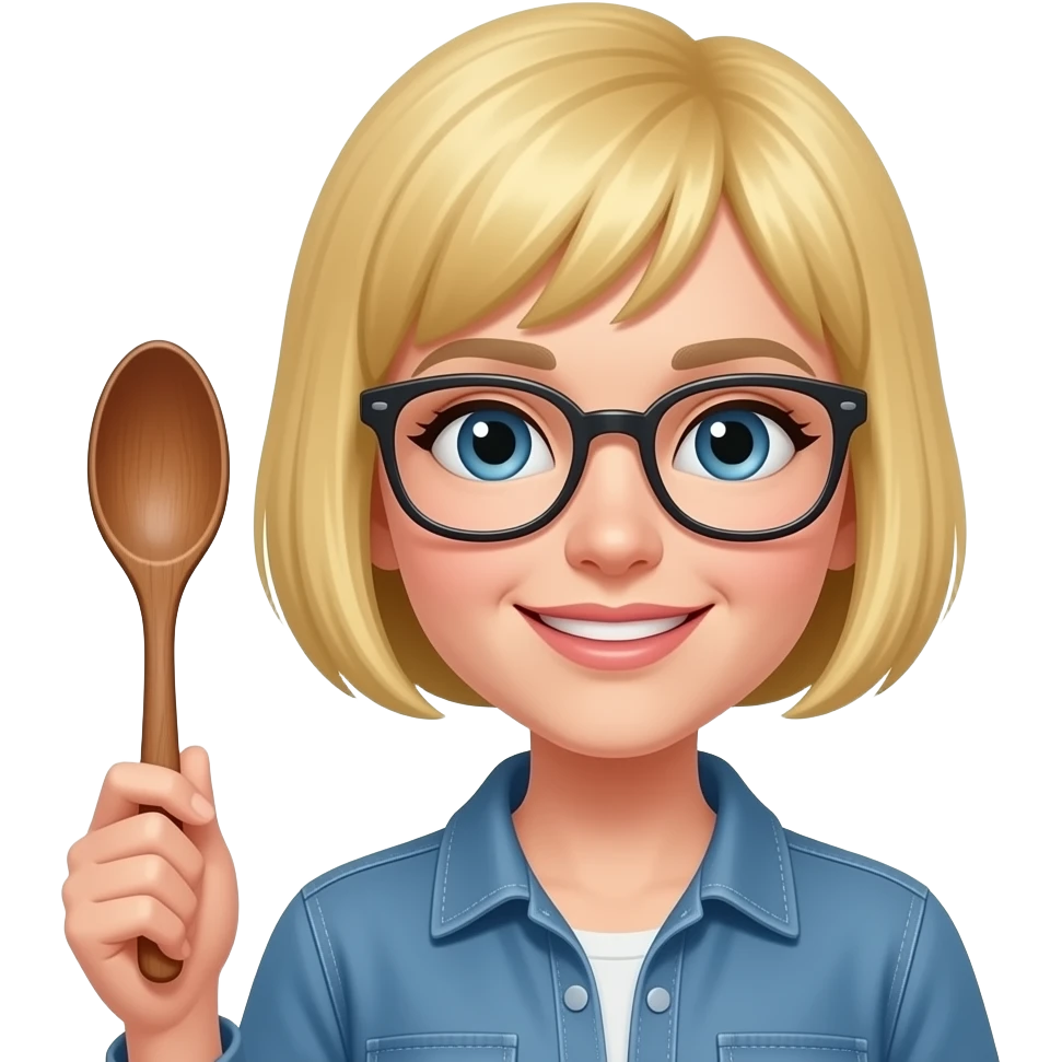 blonde woman, glasses, wooden spoon, short pixie hair, cropped haircut emoji