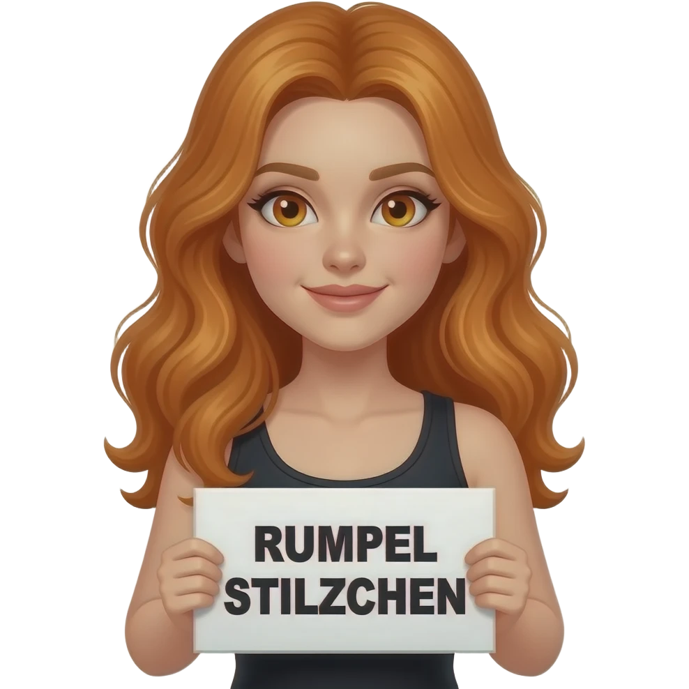 sexy girl with long wavy ginger hair and ginger eyes wearing a black tanktop is holding a white colored sign with RUMPEL STILZCHEN written on it emoji