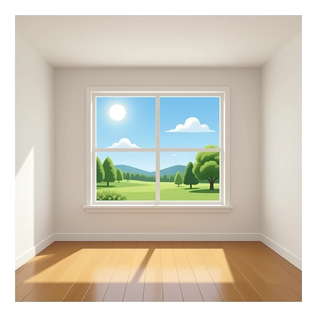hazme una habitacion con una bentana que de al exterior al exterior i que le de el sol i que no haya nada en la habitacion i que se le vea el suelo emoji