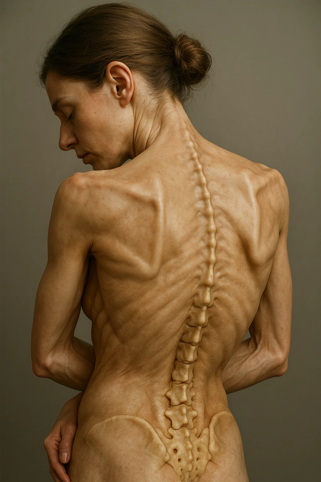CORPO UMANO ANATOMICO di una donna con spalle chiuse e postura incurvata, spina dorsale in evidenza, IPERREALISTICO 4K emoji