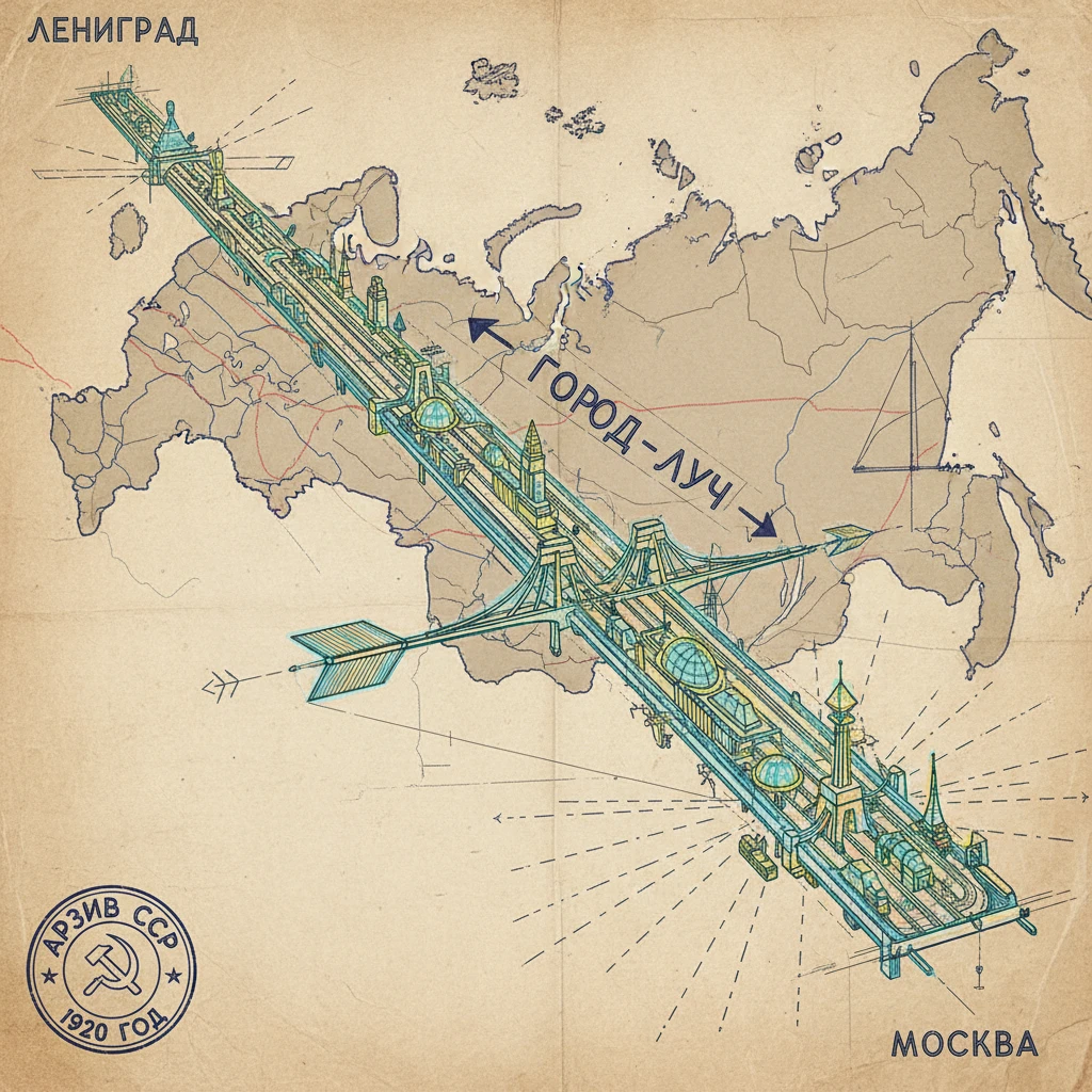 Город-луч от Москвы до Ленинграда

План-чертеж на карте. Архив СССР 1920 год emoji
