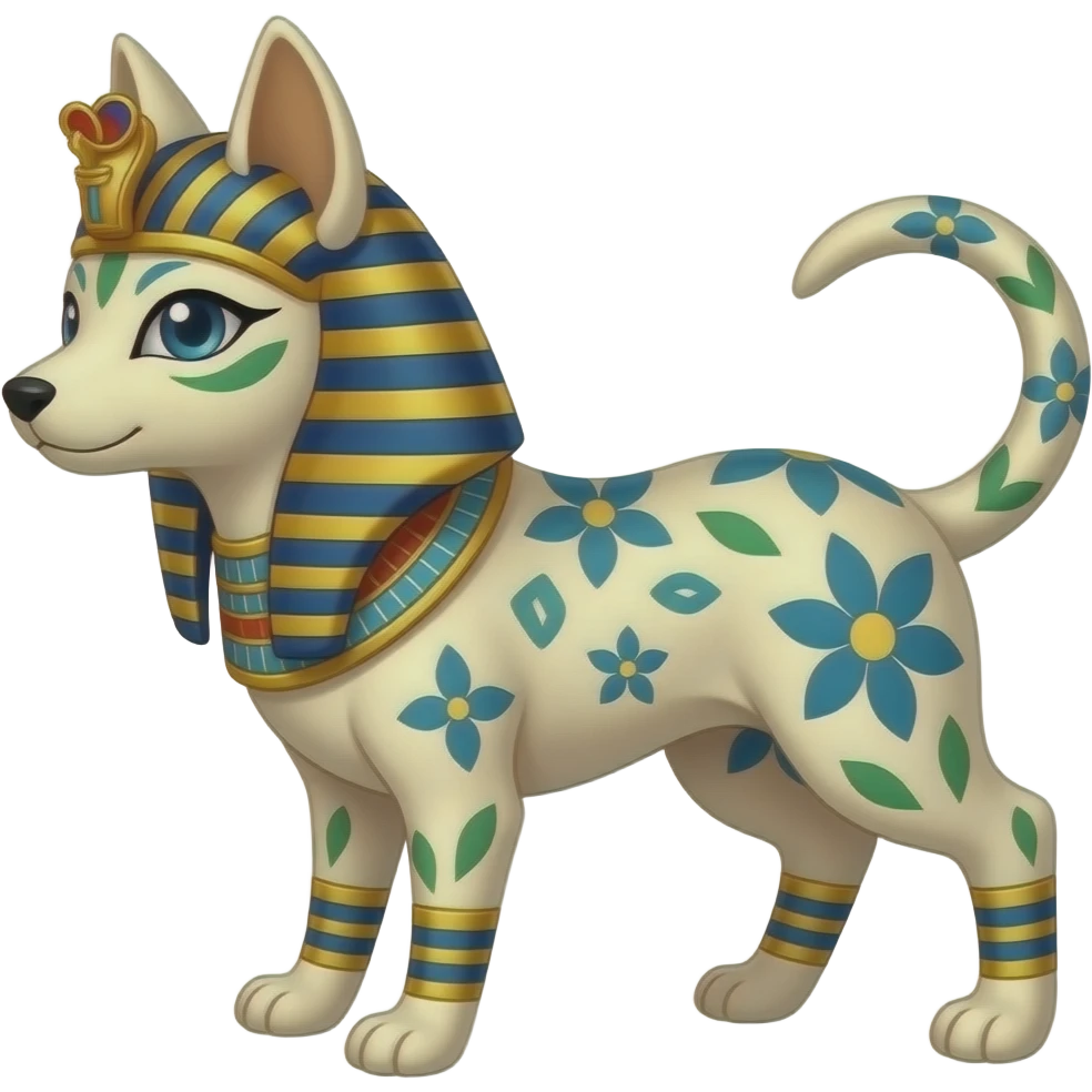 Floral-patterned ancient Egyptian Short-legged quadrupedal elegant oriental feral painted Absol-Glaceon-Sylveon-animal-Fakémon-fusion-hybrid-creature emoji