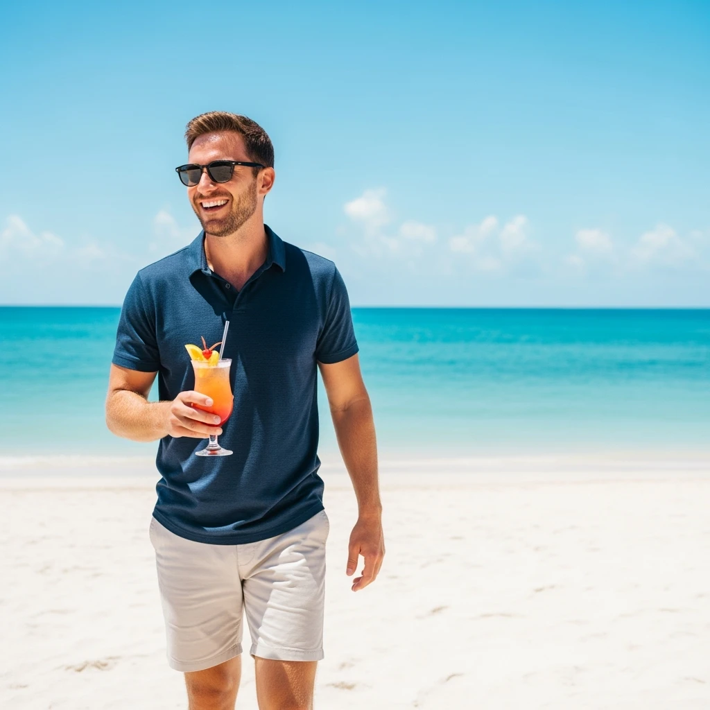 take this picture of a man and make it  beach photo with drink emoji