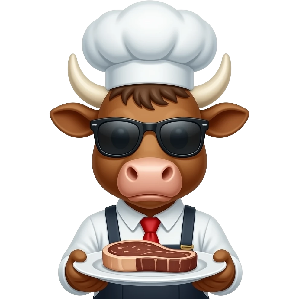 a  face of cool male brown cow with chef hat sunglasses serving you a steak emoji