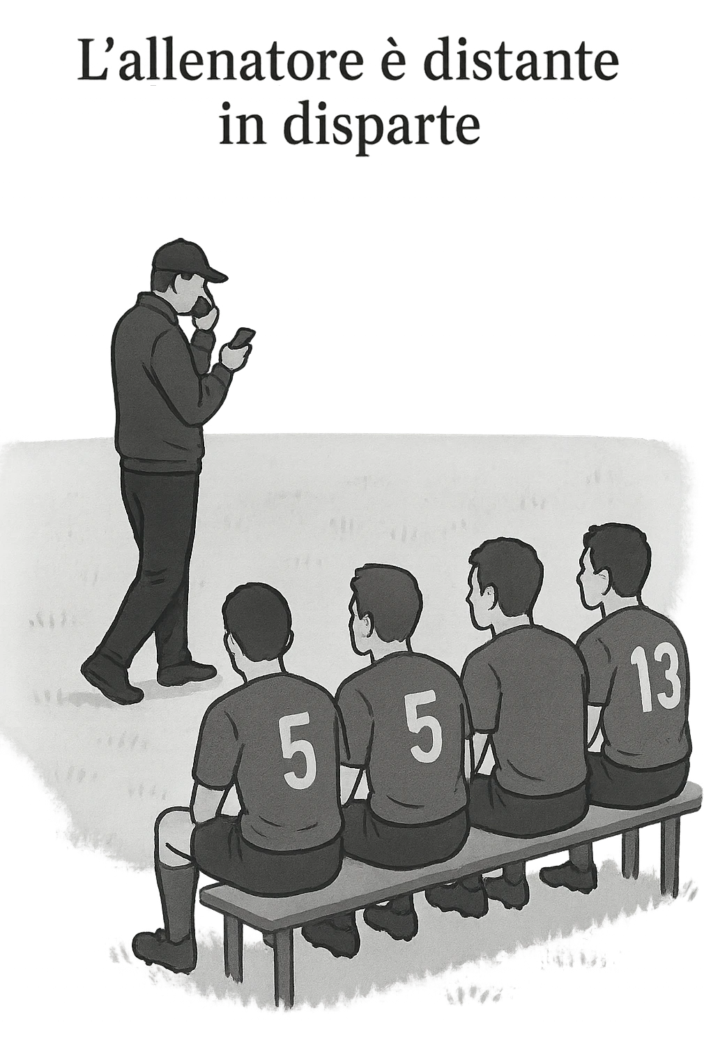 a coach is seen far away on the sidelines, partially turned away from the team or group, engaged in another activity (like reading, texting, or talking on the phone), while the athletes look toward them for support or instruction. The distance between coach and team is visually clear, symbolizing lack of presence. in italiano emoji