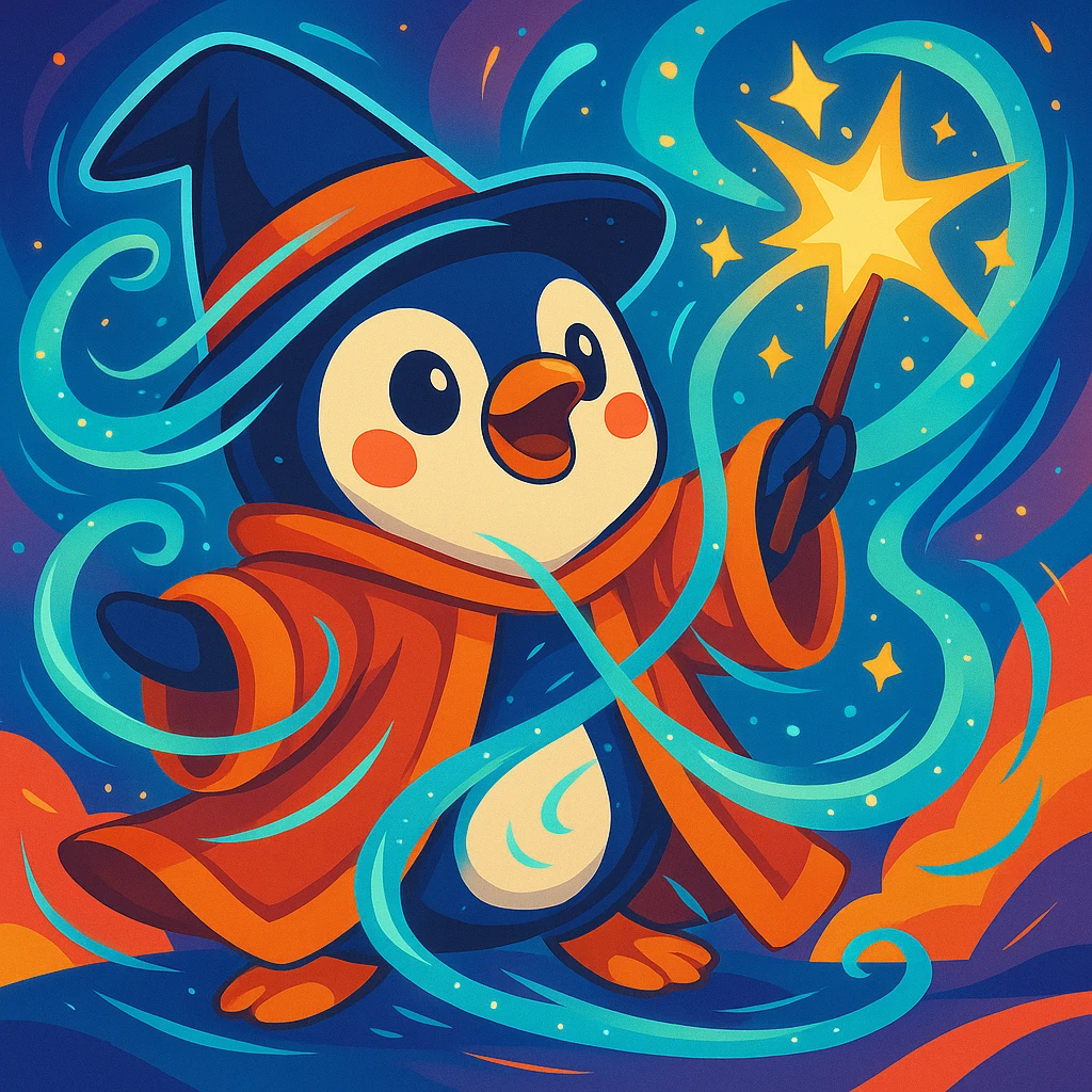 Enhance the magic of the penguin wizard casting a dramatic spell with swirling energy, glowing stars, and magical effects around the wand and robe, in a colorful cartoon style. emoji