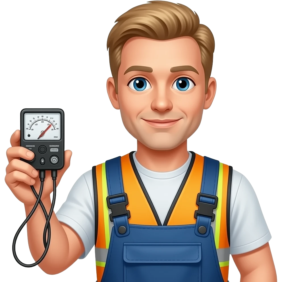 male electrician light hair holding electrical meter wearing coveralls and safety vest emoji