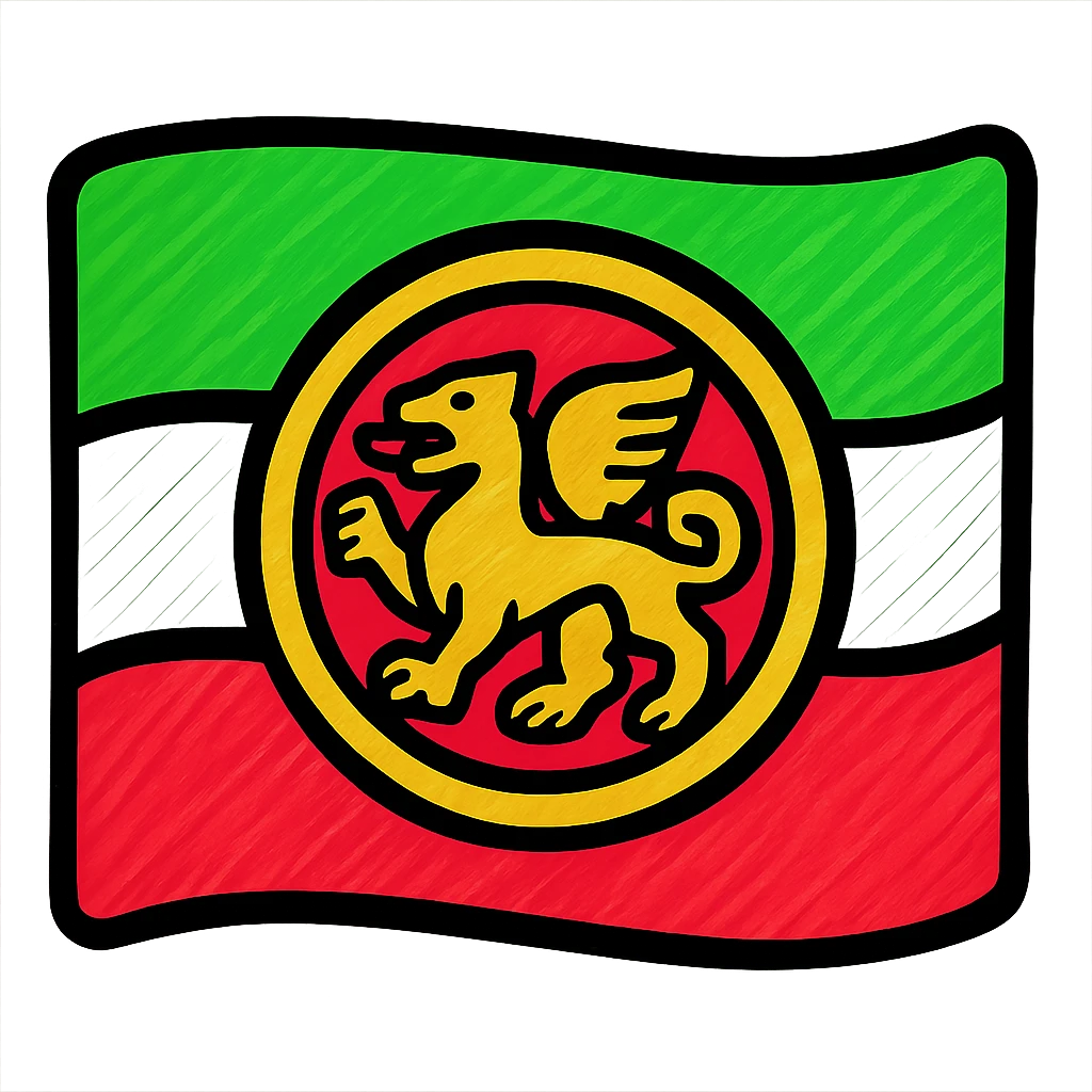 Tatarstan flag, flat design style, minimalist and modern, green, white, and red stripes, golden emblem, clean lines and simple shapes, vibrant and bold colors, national symbol, cultural heritage emoji