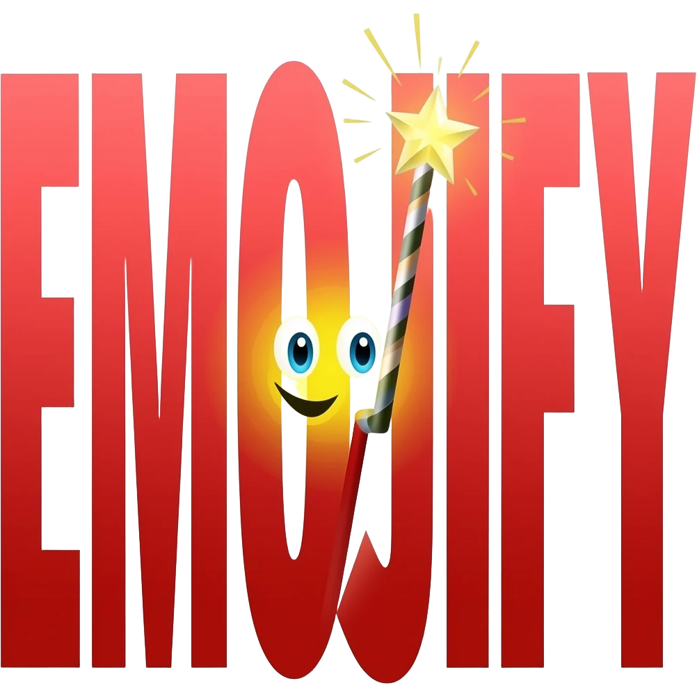 Big red text "EMOJIFY" is stretched in height and width. Letter "O" is a smiley face. Letter "J" in the form of a magic wand with sparkles a on the end. emoji