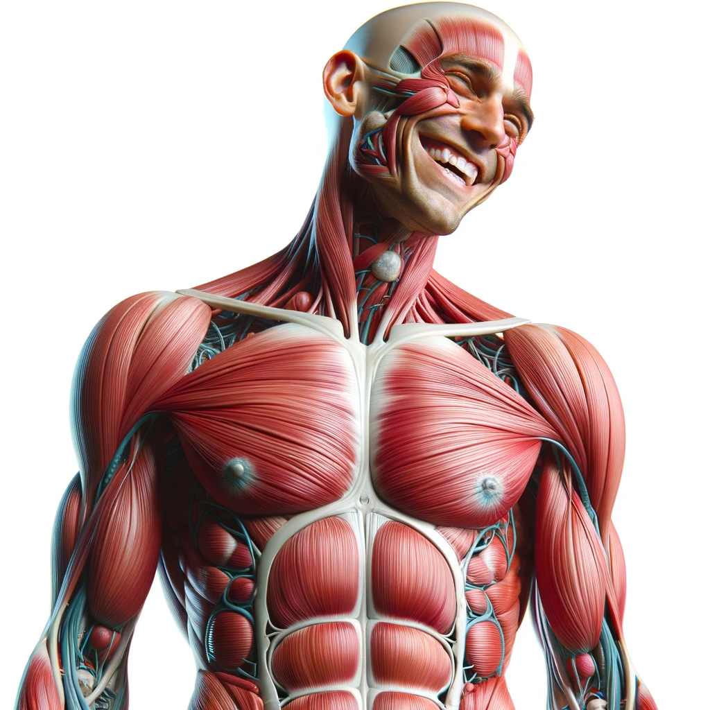 corpo umano anatomico a figura intera che sorride rilassato, iperrealistico 4k, isolato su sfondo bianco emoji