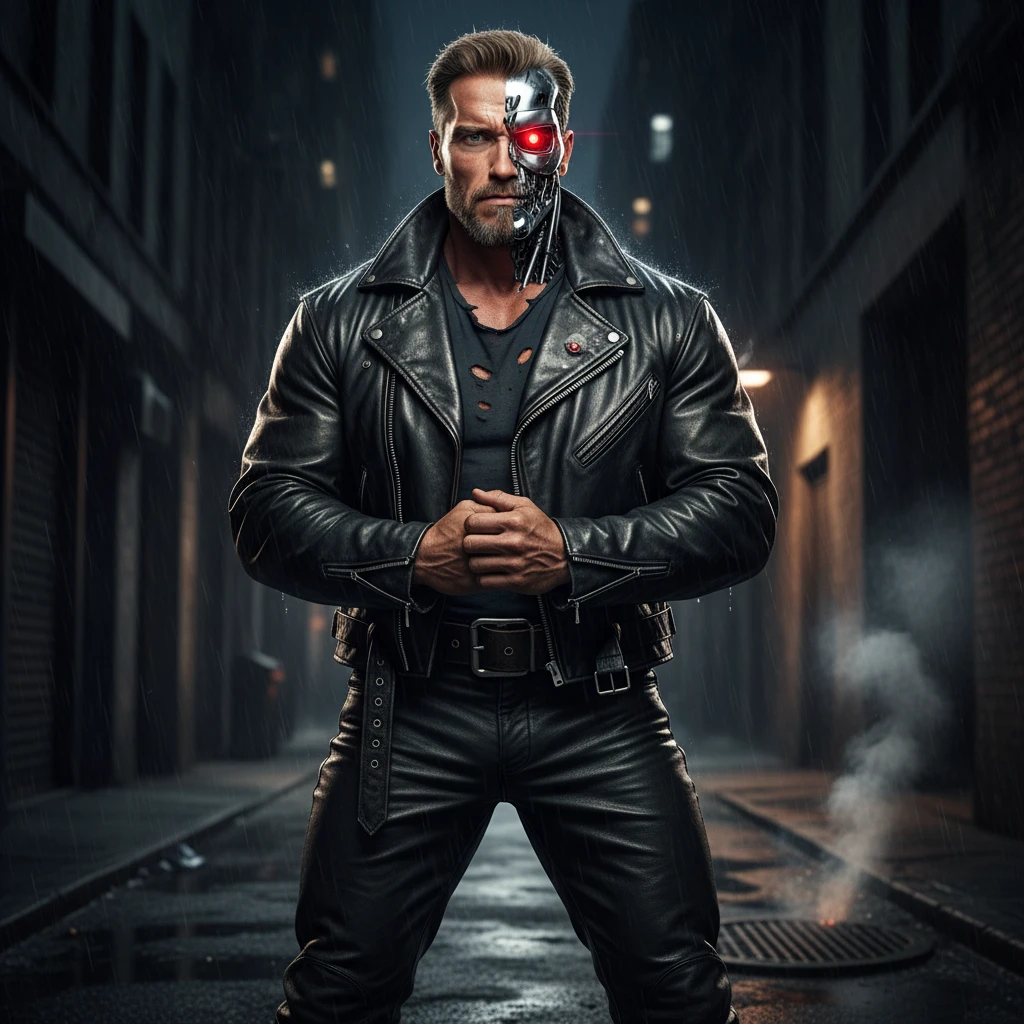 Make this phot of me look buff like Arnold Schwarzenegger in The Terminator, with his biker costume, using my own hairstyle and face. Show half my face as a cyborg with metal and a glowing red eye. I want to look strong, intimidating, and heroic. emoji