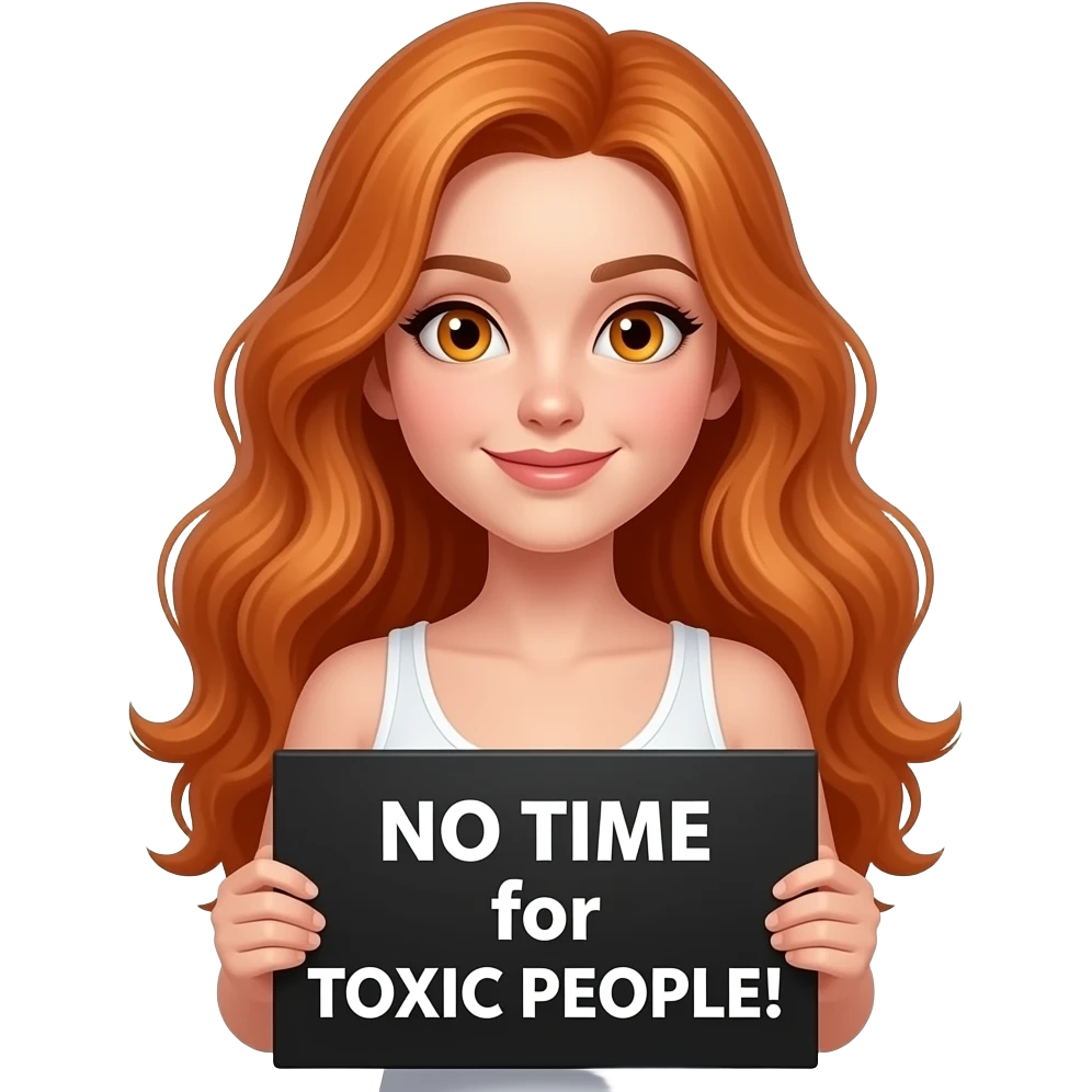 sexy girl with long wavy ginger hair and ginger eyes wearing a white tanktop is holding a black colored sign with NO TIME for TOXIC PEOPLE! written on it emoji