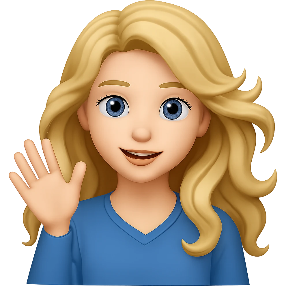 Make her eyes blue, keep her as an 18 year old girl with long, wavy, dirty blonde hair waving, emoji style, with no background emoji