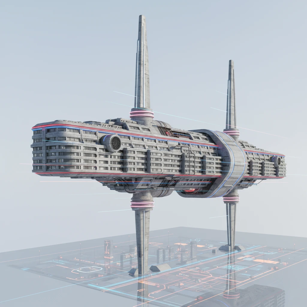 Удлиненная панелька в стиле ретро-футуризма конструктивизма, если бы ее строили в позднем СССР в 2025 году. Стоит на двух высоких небоскребах, которые как опоры держат ее на себе.

Фотореализм. Абсолютно прозрачный фон emoji