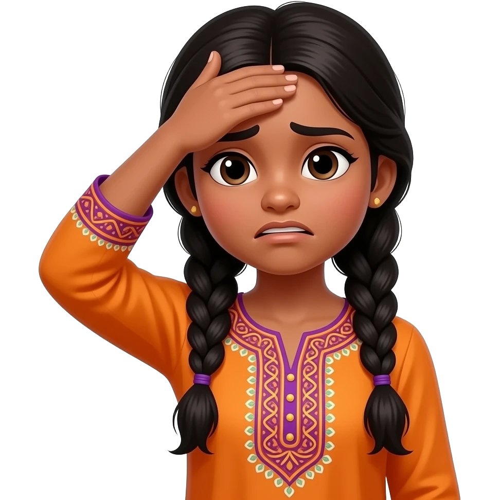 brown skin, long black hair in a braid, orange kurti with purple and green patterns girl who slapping her forehead and frowning and crashing out emoji