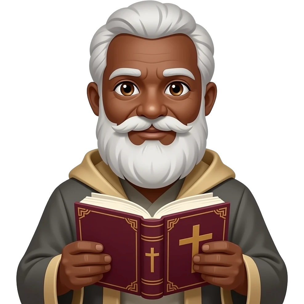 wise old man with grey hair robe slight brown eyes white beard black skin warm holding burgundy book that has a cross on it emoji