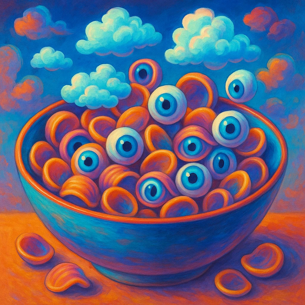 orecchiette pasta in a bowl, with surreal features like pasta pieces turning into clouds or eyes, vibrant and unusual palette emoji