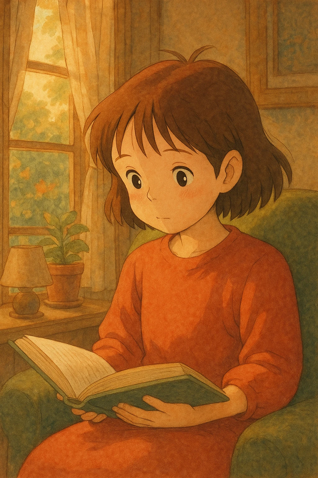 girl reading a book, ghibli-inspired style, soft and detailed emoji