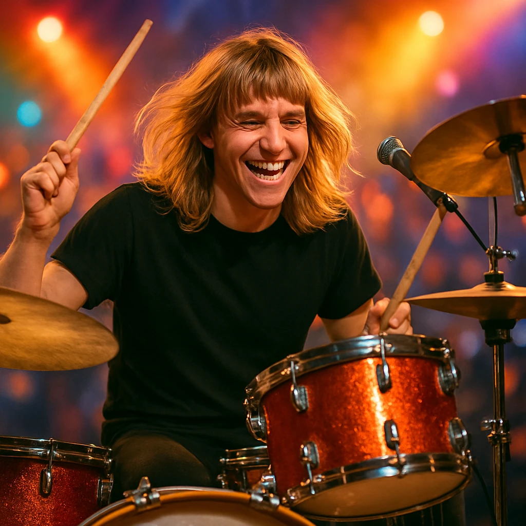 male drummer, long blonde hair on top with bangs, seated at drum kit, lively atmosphere emoji