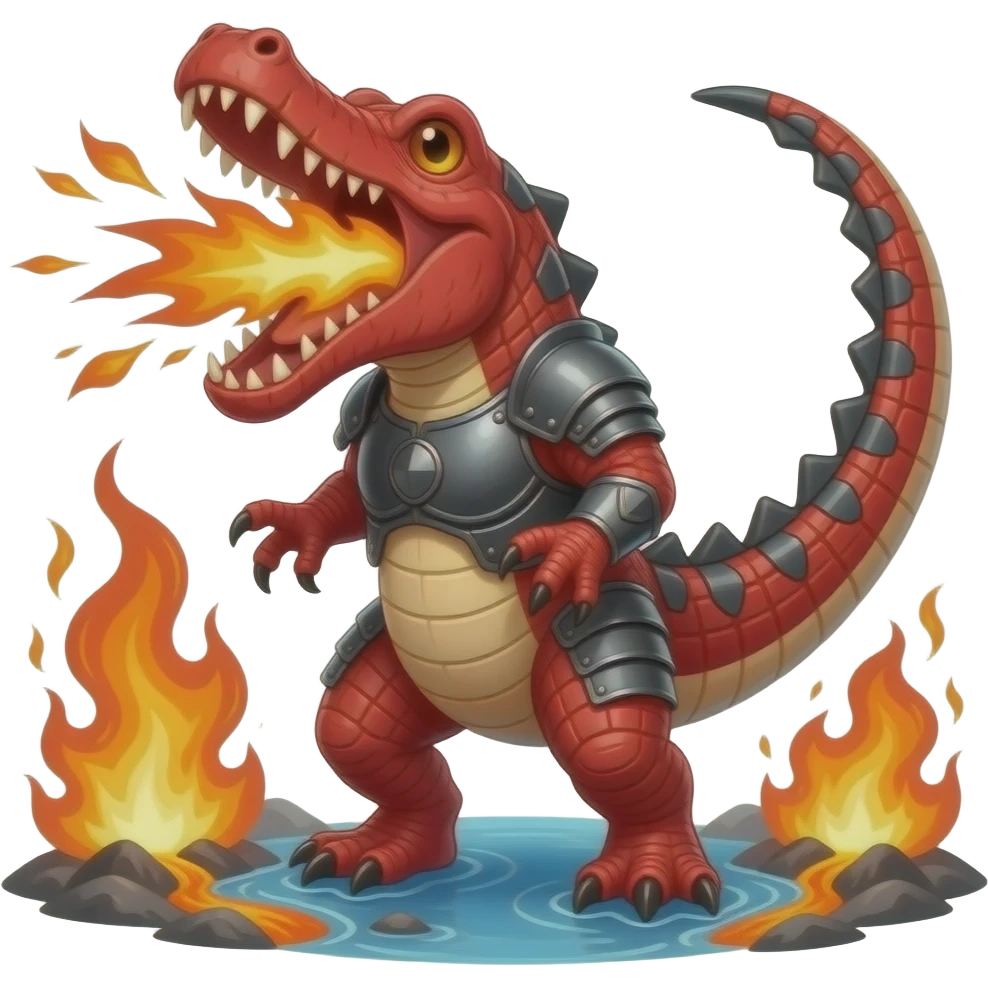 A red crocodile-like monster with charcoal armor plates and a furnace-hot jaw. It lurks near geothermal rivers and snaps with explosive bursts of heat. emoji