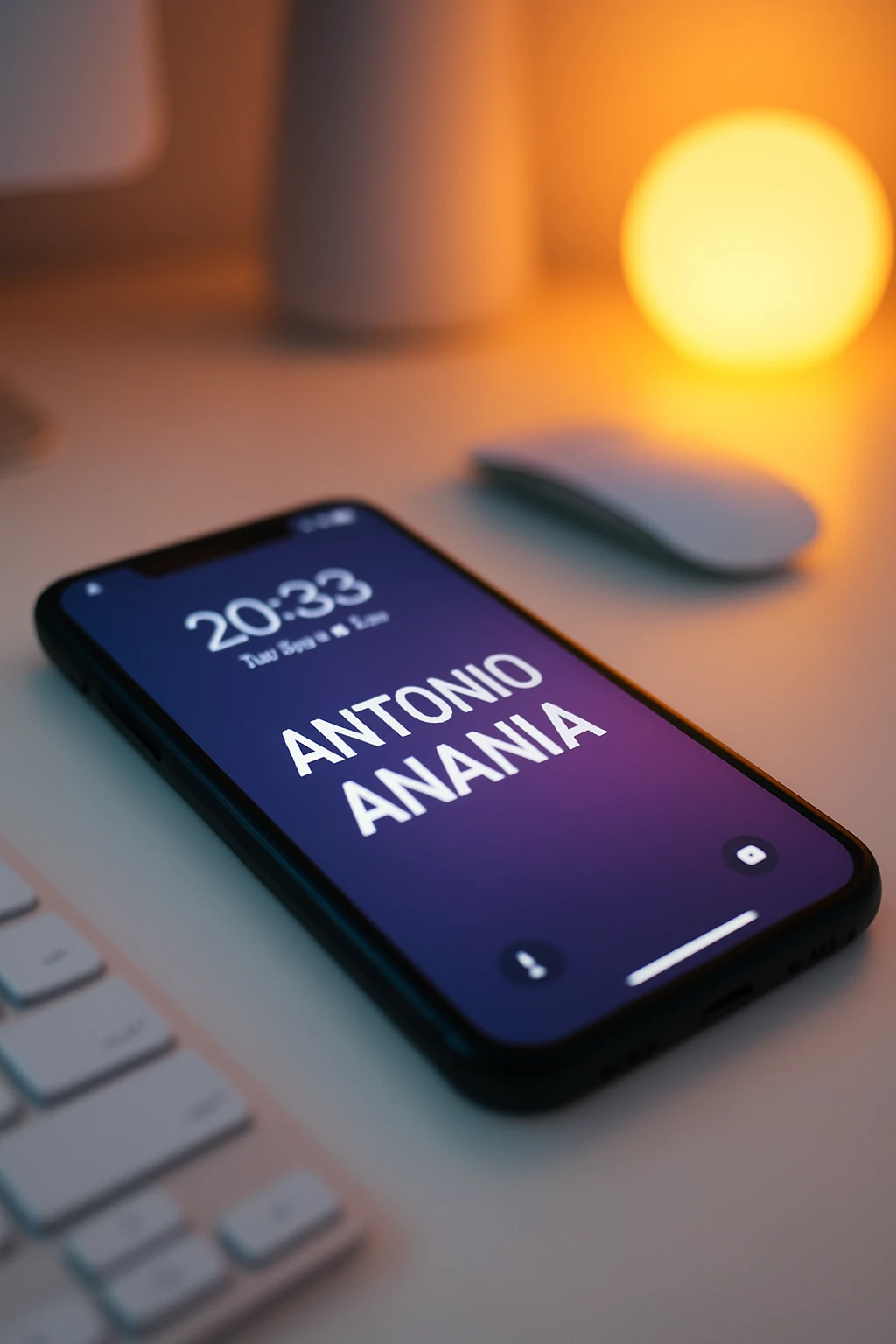 A photo of an iPhone on the desk with the message "Antonio Anania" on its screen, The phone sits atop a desk with a blurred background that suggests work environment. A faint glow from above casts gentle shadows across the surface of each object, creating depth and highlighting their textures emoji
