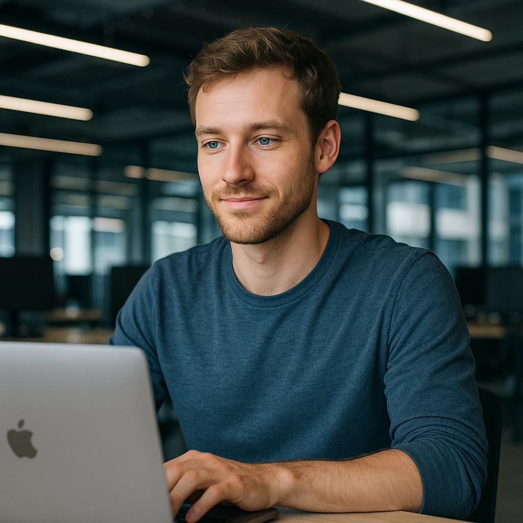 European guy with blue eyes working on a laptop, tech setting, relaxed expression emoji
