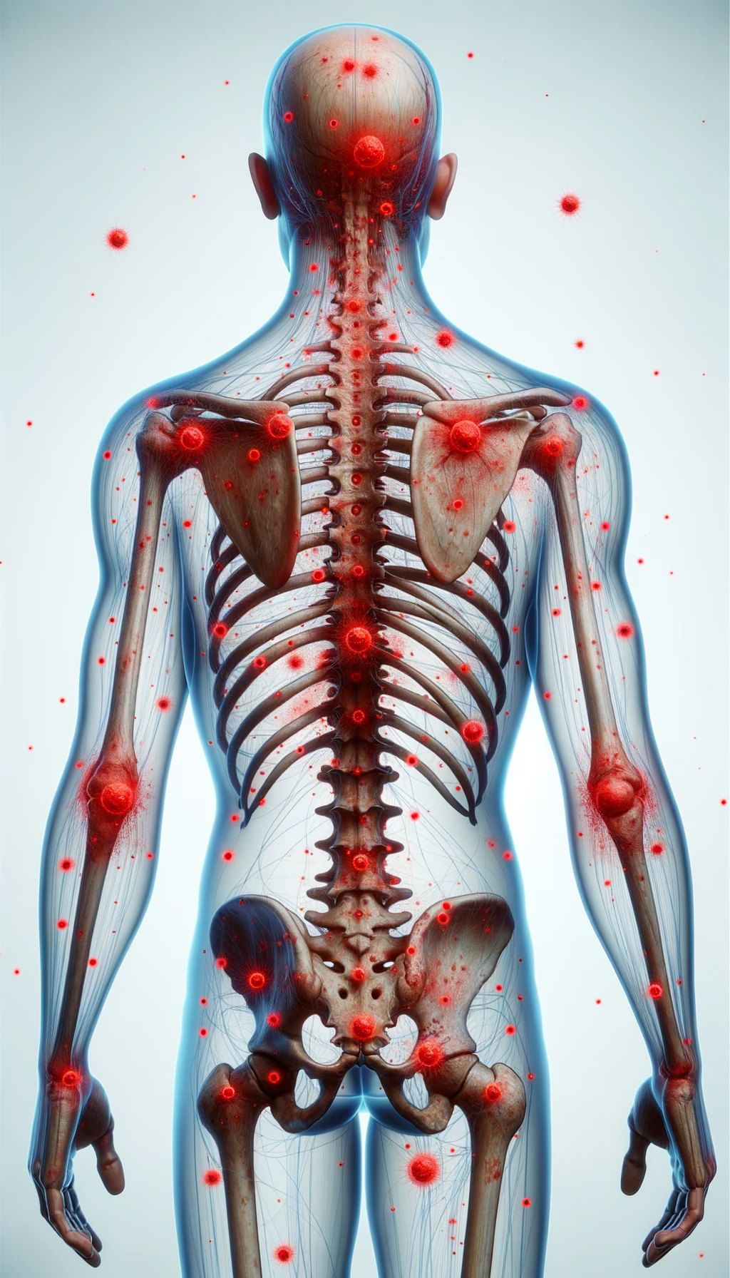 CORPO UMANO ANATOMICO CON RED SPOT DI INFIAMMAZIONE SPARSI SUL CORPO, SFONDO CHIARO, iperrealistico 4k emoji