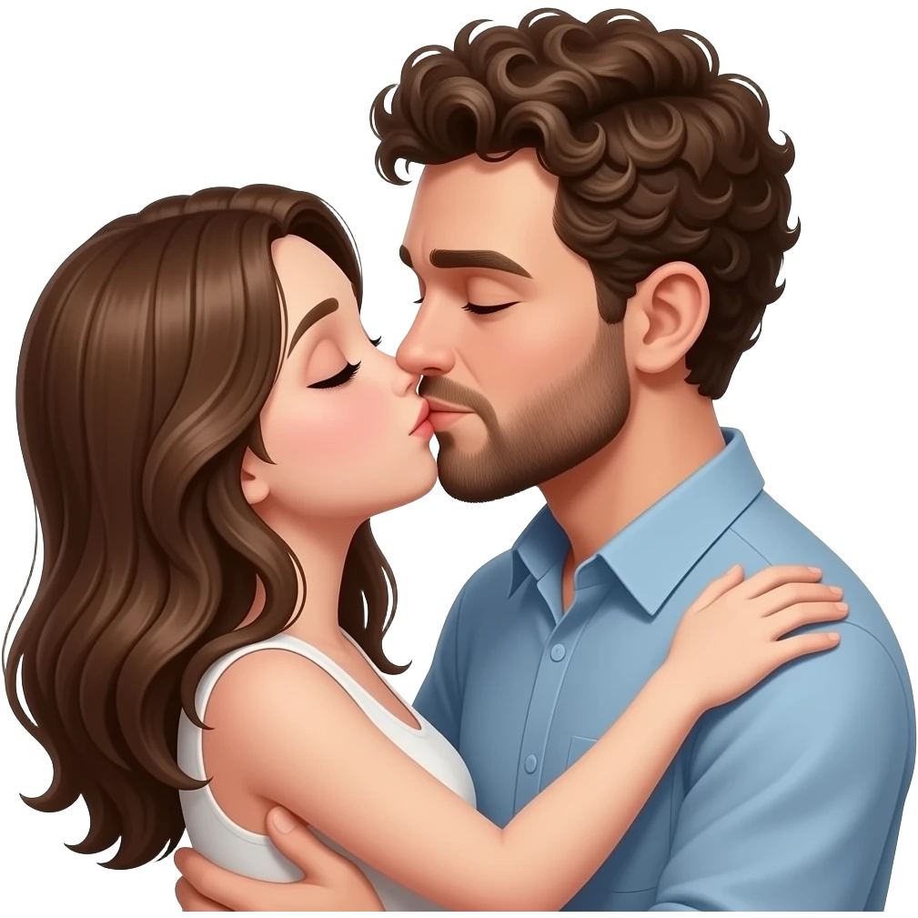 Realistic white skin man super short curly brown hair with beard kissing passionately and hugging realistic white girl brown hair emoji