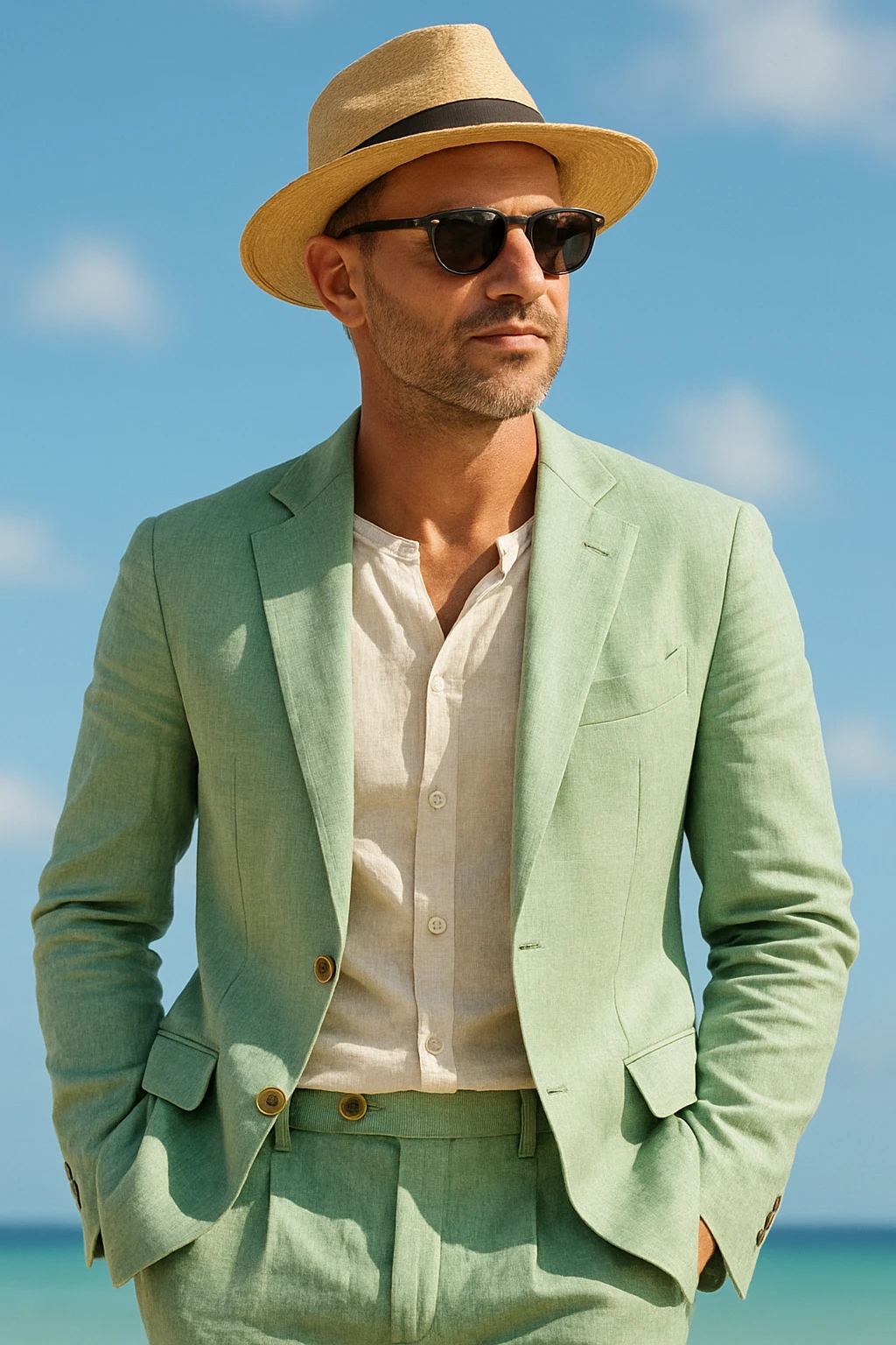 man in a light green linen suit, wearing sunglasses and a straw hat, stylish and relaxed, casual summer vibe emoji