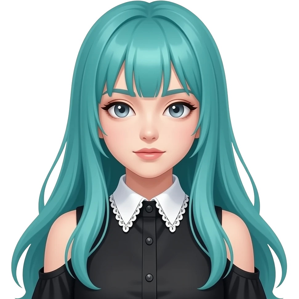 girl, chill, long flowing teal hair, grey eyes, black shoulder cyberpunk blouse with fancy white collar emoji