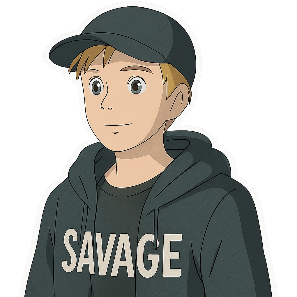 young man with short blonde hair, blue eyes, light skin, dark cap, dark hoodie over a "SAVAGE" t-shirt, white outline sticker effect emoji