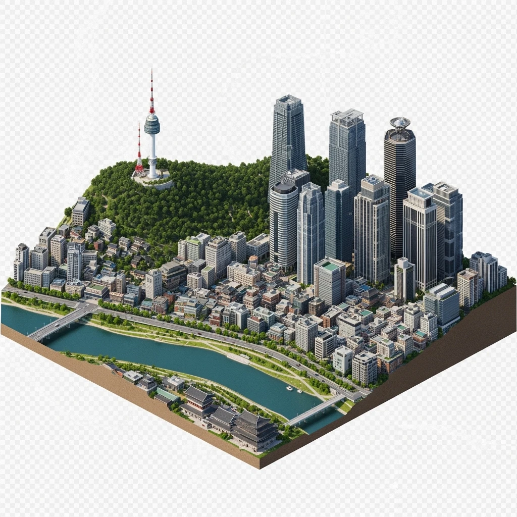 Isometric miniature of Seoul atmosphere of the city 3D miniature effect and Tilt Shift effect, no cartoonish look, transparent background. emoji