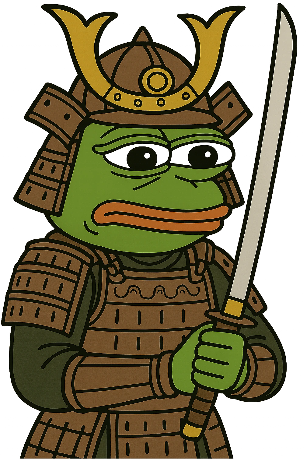 Pepe the Frog as a samurai with detailed armor and dramatic lighting, remove background, keep transparent background. emoji
