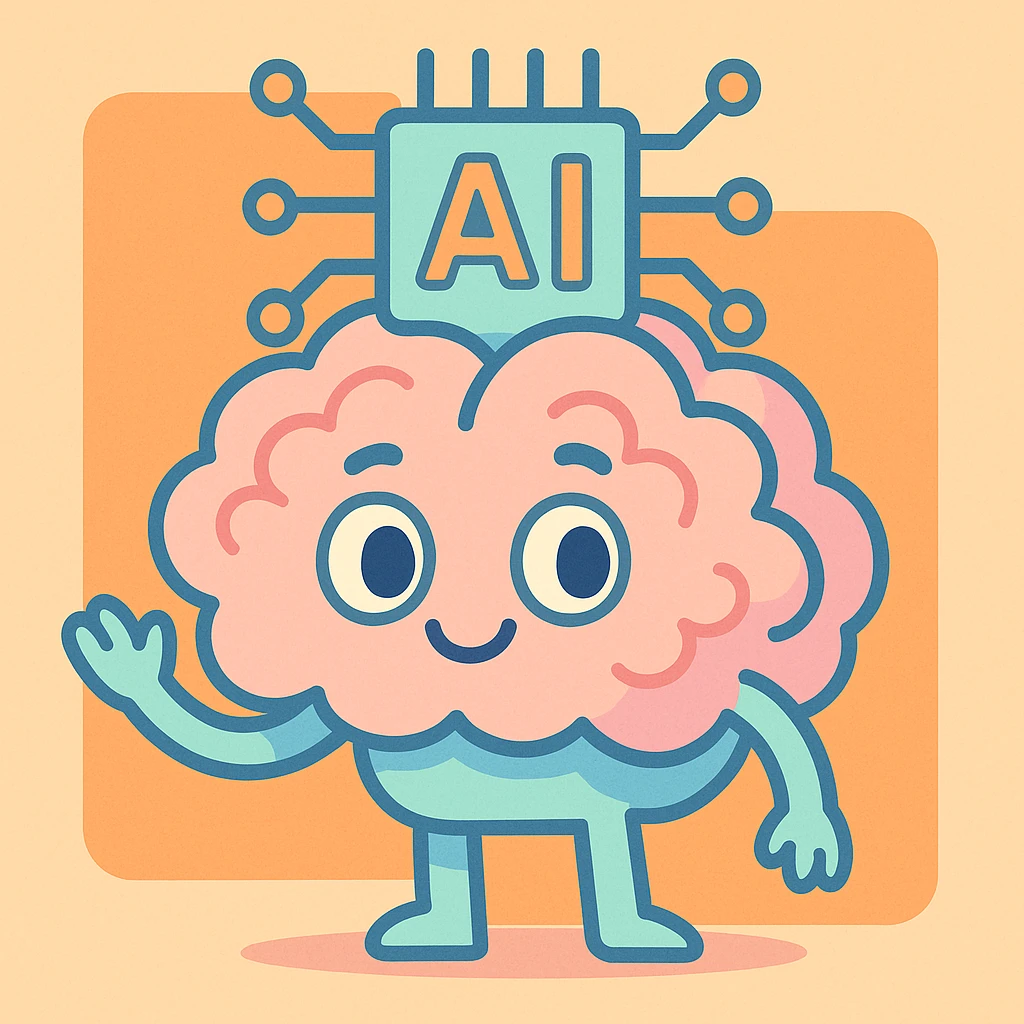 AI brain, friendly and approachable, soft colors, cartoon style emoji