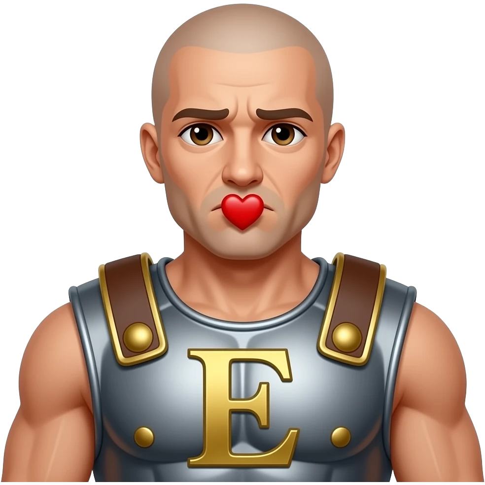 Muscular Roman soldier bald brown eyes sad face letter E on breast plate blowing a heart emoji